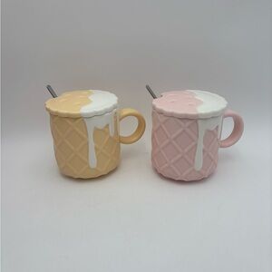 Biscuit Waffle Pattern Coffee Mugs With Lid And Spoon 14.2oz Ceramic Coffee Cups
